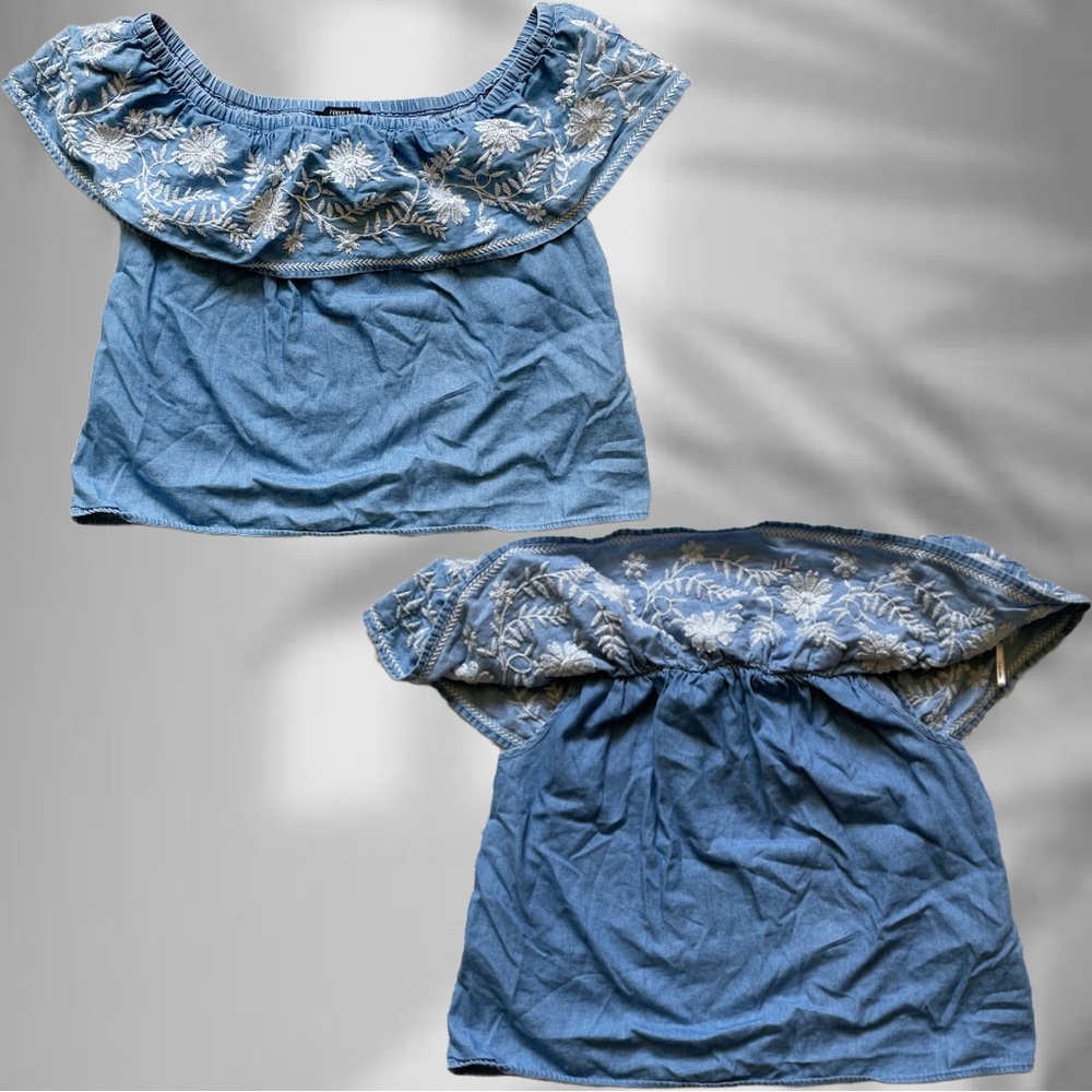 Blue Off Shoulder Floral Blouse